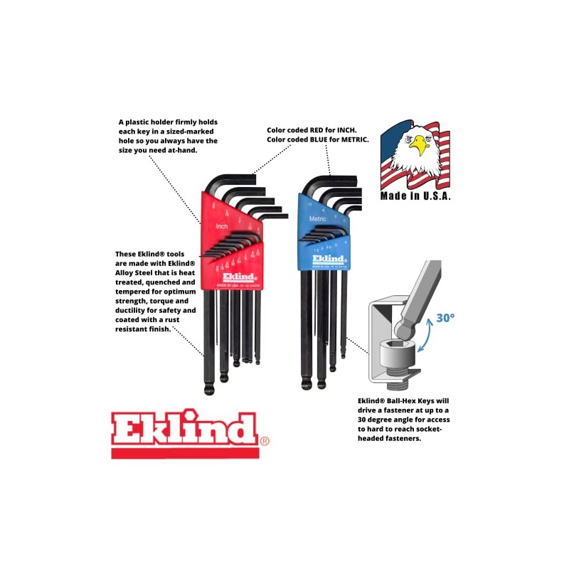 Eklind 13222 Llave Allen Allen de bola hexagonal, 22 piezas,