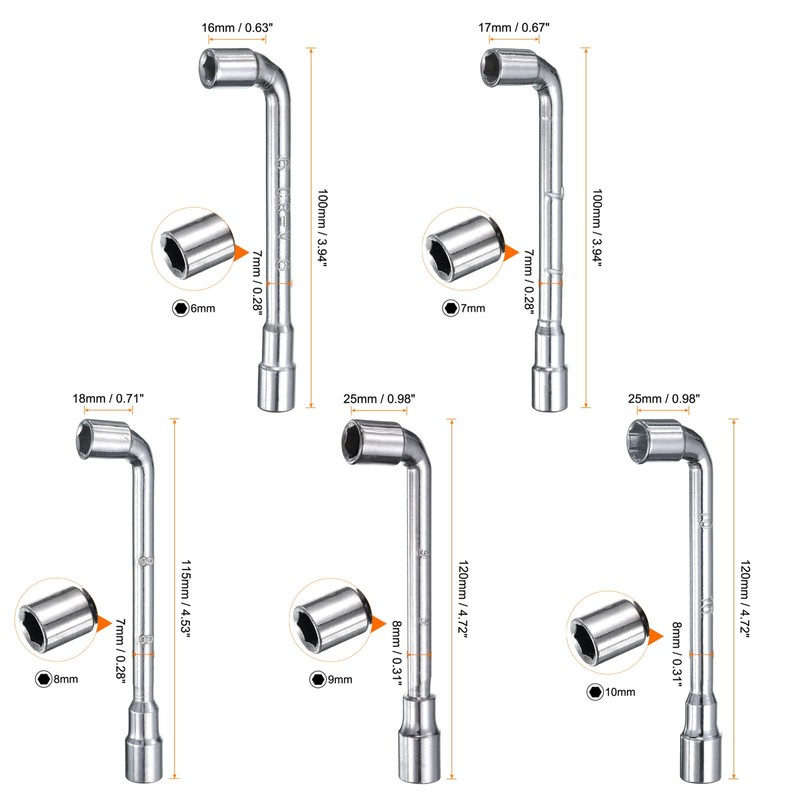 HARFINGTON 5pcs L Shaped Angled Hex Socket Wrench 6/7/8/9/10mm 45#