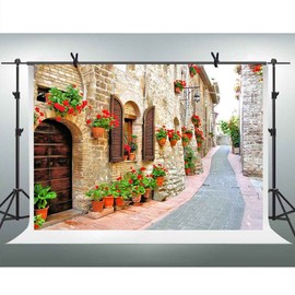 FHZON Italy Travel Photography Backdrop 7x5ft Famous European Street Buildings Wedding Photo Background Spring Flowers Stone Path Girls Studio Photo Potrait Background FH1348