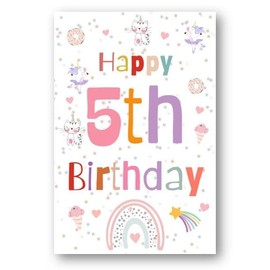 Second Ave 5th Birthday Age 5 Unicorn Cat Ice Cream Children's Kids Happy Birthday Card Greetings Card For Girls
