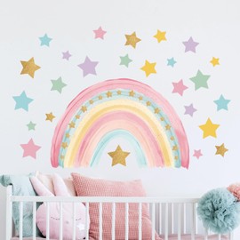 Tanlaby Large Rainbow Wall Stickers Boho Rainbow Wall Decal Colorful Stars Vinyl Wall Art Sticker for Girls' Room Kids Baby Nursery Bedroom Living Room Playroom Classroom Wall Decor