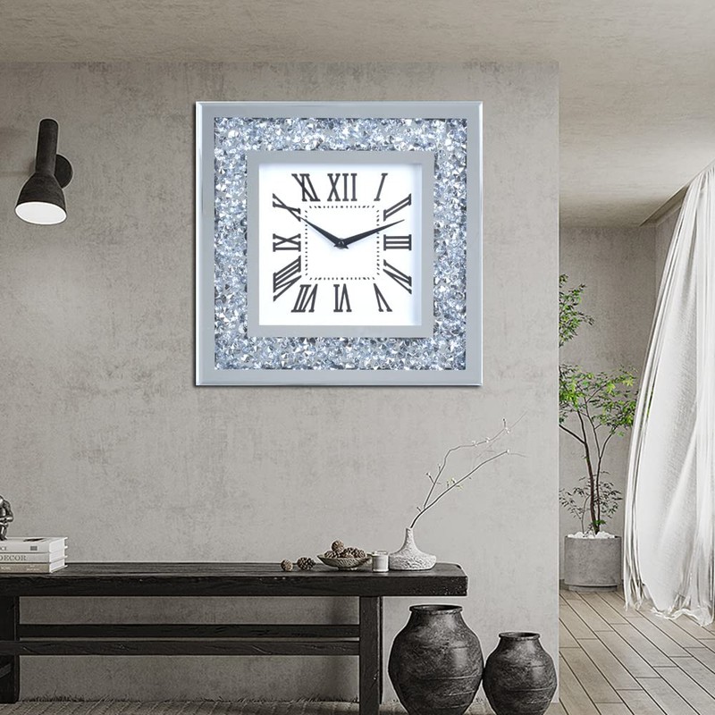 CUYOU Decor Crushed Diamond Mirror Wall Clock with Crystal Decorations