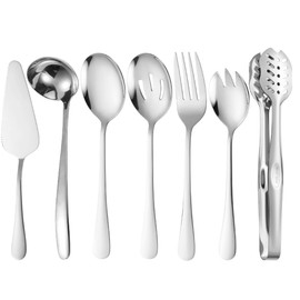 Silver Flatware 7 Piece Stainless Steel Set Includes Serving Spoons, Slotted Serving Spoon, Serving Tongs, Serving Fork, Salad Fork, Soup Ladle, Pie Server