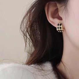 Inilbran Boho Black White Striped Earrings Vintage Striped Checkered Earrings Tiny Pearl Striped Checkered Studs Earrings Minimalist Checkered Grid Earrings Jewelry for Women