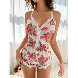Verdusa Mameluco para dormir de malla floral con ribete de encaje para mujer, Varios colores, S
