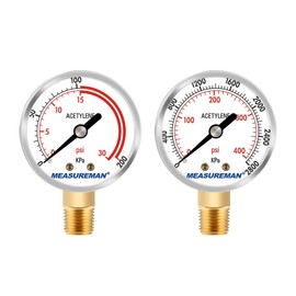 Acetylene Regulator Gauges–Pair of Low Pressure 0-30 psi & High Pressure 0-400 psi, 2" Size, 1/4" NPT Thread for Regulators