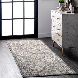 nuLOOM 2' x 6' Becca Traditional Tiled Area Rug, Charcoal, Faded Transitional Design, Stain Resistant, for Bedroom, Dining Room, Living Room, Hallway, Office, Kitchen, Entryway