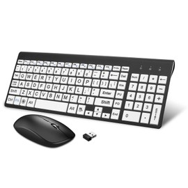 HXMJ-Wireless Large Print Keyboard and Mouse Set with USB Receiver| Quiet Scissor Switch | for Seniors and Visually Impaired Low Vision Individuals-White