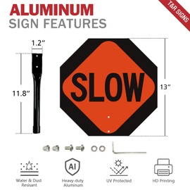 T&R (4 Pack) Stop Slow Sign with Handle, 13 x 13 Inches Double Sided Stop/Slow Traffic Sign, Rust Free Aluminum Reflective, Weather Resistant, Waterproof, Fade Resistant, Easy to Mount(Orange)