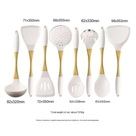8-Piece White Kitchen Utensil Set with Gold Handles, Stainless Steel Cooking Tools, Includes Spatulas, Ladle, Spoons for Nonstick Cookware (Gold and White)