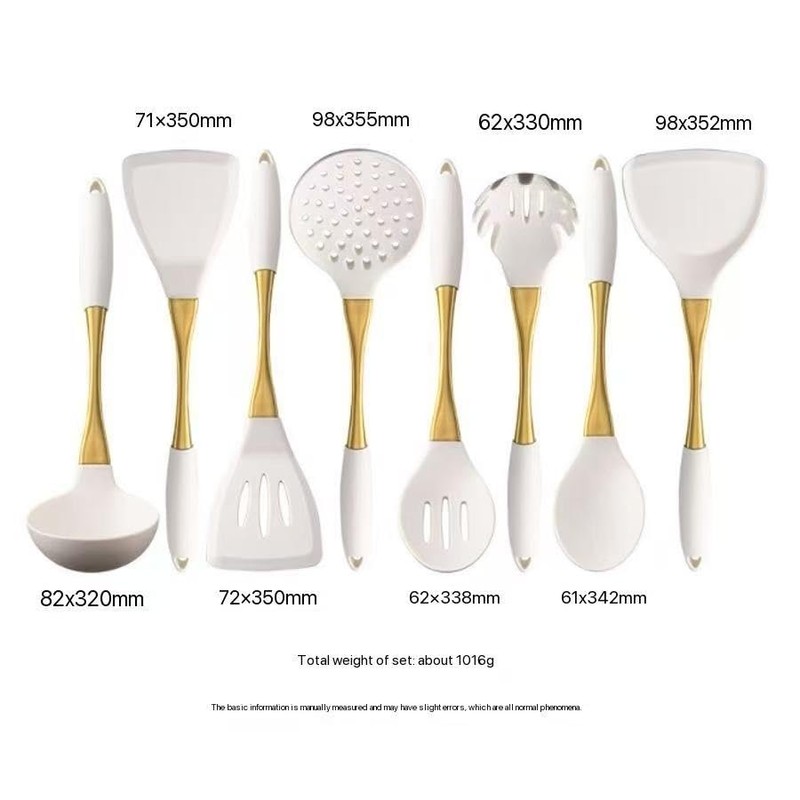 8-Piece White Kitchen Utensil Set with Gold Handles, Stainless Steel