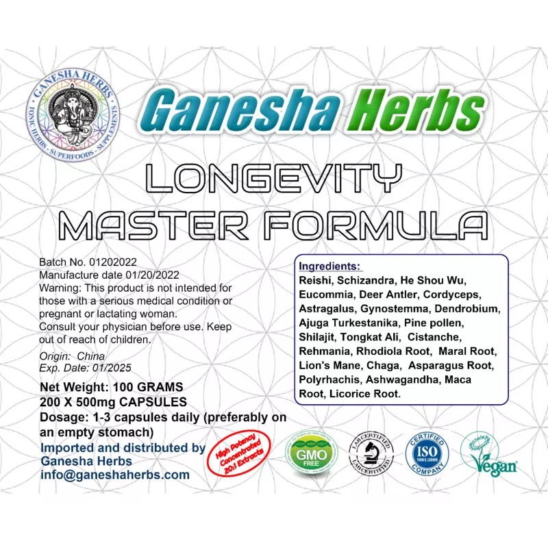 LONGEVITY MASTER ADAPTOGEN FORMULA 24 SUPER TONIC HERBS! 200 CAPSULES!!!