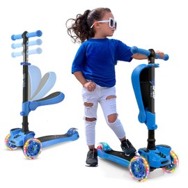 Hurtle 3 Wheeled Scooter for Kids - 2-in-1 Sit/Stand Child Toddlers Toy Kick Scooters w/ Flip-out Seat, Adjustable Height, Wide Deck, Flashing Wheel Lights, Great for Outdoor Fun -(Blue)