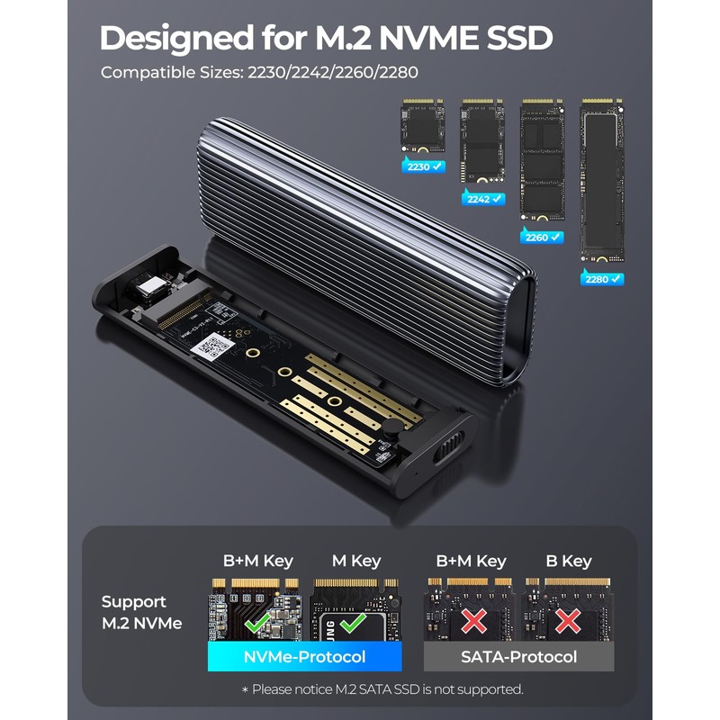ORICO M.2 NVMe SSD Enclosure, 10Gbps USB3.2 USB-C Tool-free Aluminium
