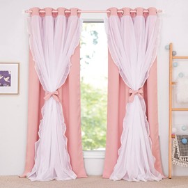 PONY DANCE Girls Curtains for Bedroom Decorative Drapes for Kids Double Layer Curtain Ruffle Sheer Overlay Room Darkening Pretty Chic Princess, 52x84 inch, Blush Pink, 2 PCs