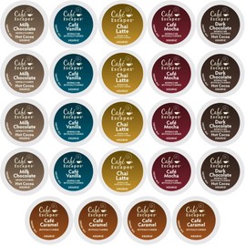 Cafe Escapes K-cups Coffee Pods Variety Sampler Includes Cafe Mocha, Vanilla, Caramel, Chai Latte, Dark & Milk Chocolate Hot Cocoa for Keurig Brewers. 24 Count