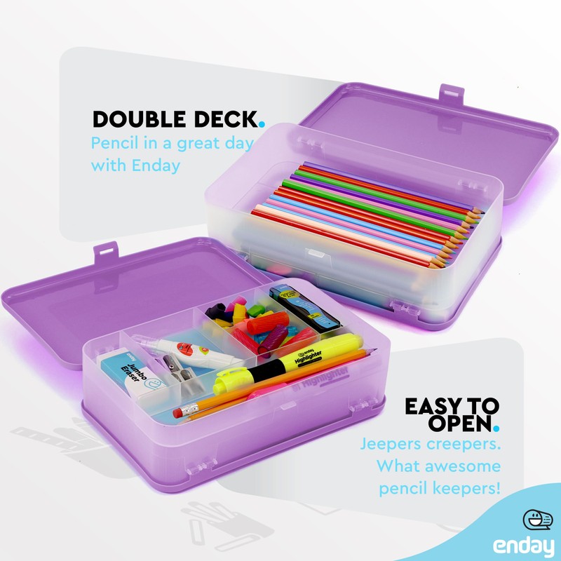 Enday Large Capacity Double Deck Pencil Box - Purple Plastic