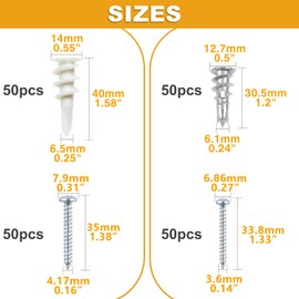 KURUI 200PCs Self Drilling Drywall Anchors Kit, 100#6 Heavy Duty Zinc Metal Wall Anchors + 100#8 Nylon Plastic Self Tapping Drywall Anchors, for Plaster Board, Sheetrock, Gypsum, Hollow Wall