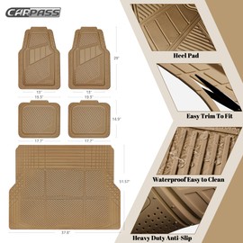 CAR PASS Heavy Duty Rubber Floor Mats Gray Car Mats Full Set with Trunk Cargo Liner - Universal Waterproof Floor Mats for Car SUV Truck, Durable All Weather Automotive Liner Mats (All Beige)
