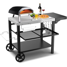Outdoor Kitchen Island, Grill Cart with Drawer, Pizza Oven Stand, Movable 3-Shelf Prep Table with Side Table for Ninja Woodfire, Ooni Pizza Oven, Blackstone Griddle, Cuisinart, Cooking Station