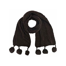 Brown Long Knit Winter Scarf With Pom-Poms