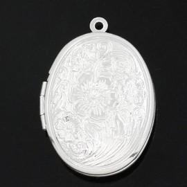 Flower Pattern Silver Color Oval Shape Locket Pendant Set of 5