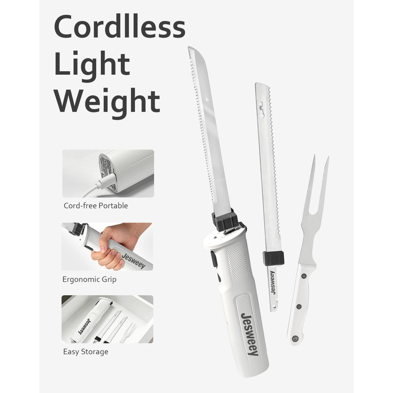 Jesweey Cordless Electric Carving Knife for Meat Slicing, Fish, Bread,