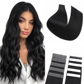 Human Hair Tape in Extensions-Double Stitched,SLEEKALON Free-cut Mini Tape ins Real Hair Extension Jet Black Invisible Seamless Straight Double Side Tape Hair Extension-20 Inch,20pcs 50g,#01