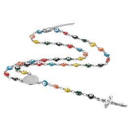 Flongo Evil Eye Rosary Necklace: Classic Catholic Cross Y Shaped Necklace Sliver Virgin Mary Rosary Necklace Stainless Steel Colorful Beaded Necklace for Men and Women