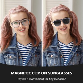Xfeel Magnetic Clip On Sunglasses Aviator Frame with Clip-on Sun Glasses Over Blue Light Eyeglasses for Women Men
