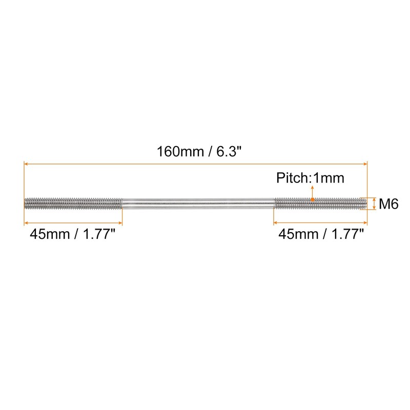 sourcing map 20Pcs M6x160mm 304 Stainless Steel Double End Threaded