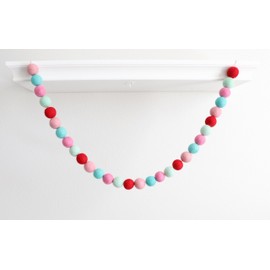Mini Felt Factory | Christmas Felt Garland ~7 Ft 100% Wool 30 Poms 2.5 cm Balls Boho Pink Red Holiday Bright Decor Mantel Hanging Seasonal Banner Craft Wall Party (One Garland (7 Ft), Boho Peppermint)
