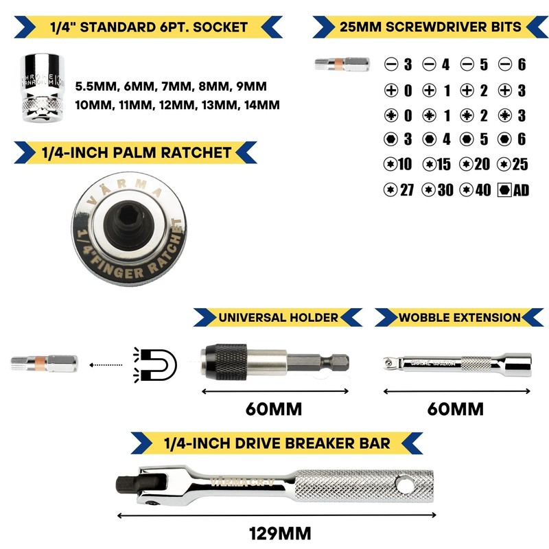 VÄRMA 38-Piece Tool Set, Includes Dual-head Palm Ratchet, Screwdriver Bits,