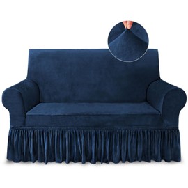 NICEEC Loveseat Cover Super Soft 1-Piece Navy Blue Slipcover for Loveseats Stretch Universal Spandex Couch Covers for Living Room Easy Fit Washable Furniture Sofa Protector with Skirt