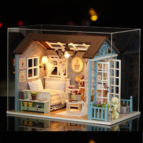 DIY Miniature Dollhouse Kit 1:24 Realistic Mini 3D Wooden Mini Doll House Room with Furniture LED Lights Christmas Decoration Birthday Gift for Kids Teens Adults (Blue Hut)