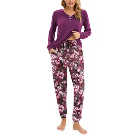 Famulily Women's Pajama Set Casual Cotton Long Sleeve Sleepwear Soft Loungewear Wine L
