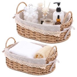 2Pcs Small Wicker Storage Baskets with Handles & Liners for Organizing