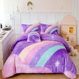 ANGIYUIN Purple Rainbow Girls Full Size Comforter Set 6 Pieces Gradient Glitter Kids Bedding Sets Galaxy Kids Bedroom Decor Bed in A Bag with Sheets for Girls Teens
