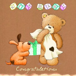 Twizler Popcorn The Bear New Baby Card with Present and Dog - New Baby Boy Card - New Baby Girl Card - Newborn Card - Congratulations Card - New Baby Boy Gifts - New Baby Girl Gifts
