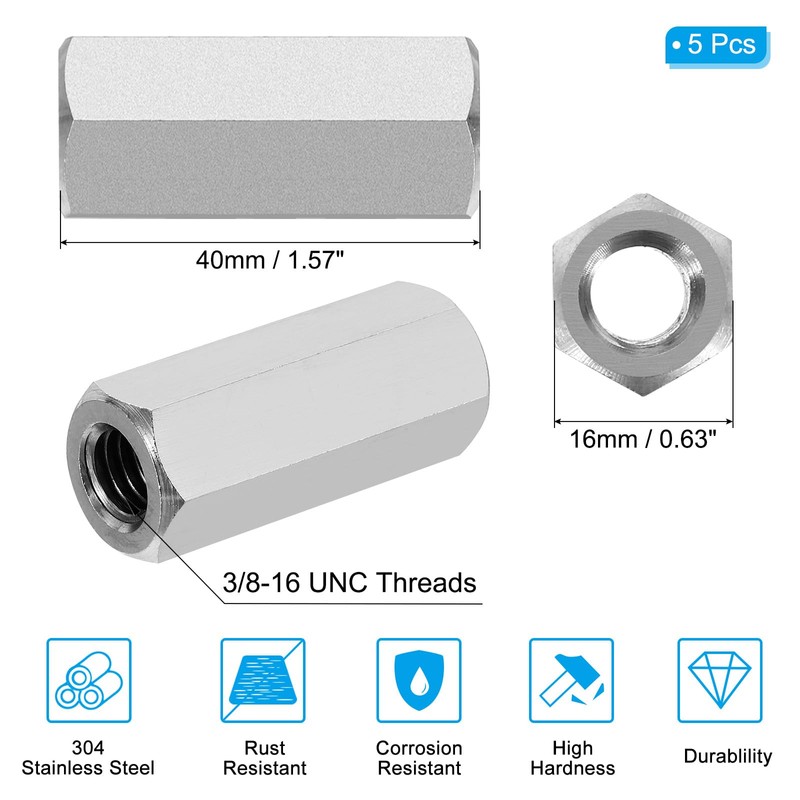PATIKIL 3/8"-16 UNC 304 Stainless Steel Hex Coupling Nuts, 5Pcs