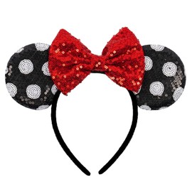 ASHONE Mouse Ears Headbands for Women Groups Mouse Ears Shiny Bows for Birthday Themed Events Accessories Party (Red Bow 1, One Size)