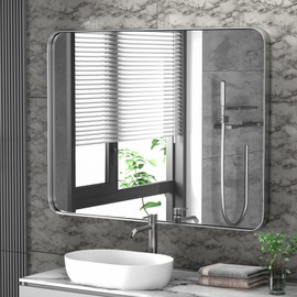 PAIHOME 16x24-Inch Brushed Nickel Bathroom-Vanity-Mirror for Wall - 304 Stainless Steel Silver Frame Bathroom Mirrors, Rectangle Farmhouse Mirror, Vertical Or Horizontal Hanging Modern Mirror