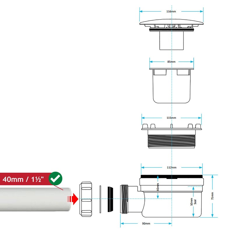 SPARES2GO Shower Trap for 90mm Tray Plug Hole 1.5" Drain