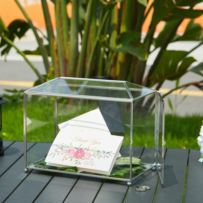 WHSLILR 12.6" Glass Card Box Wedding Card Box with Lock