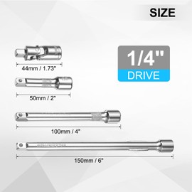 sourcing map 1/4" Drive Socket Extension Set 2" 4" 6" Ratchet Wrench Extension Bar Set Chrome Vanadium Steel Square Drive Socket Set with 1/4" Drive Universal Joint Socket Silver 4-Piece Set