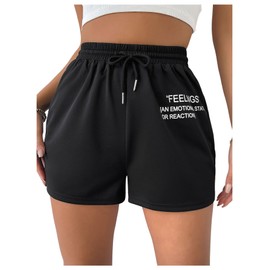 SOLY HUX Women's Letter Graphic Drawstring Elastic Waist Casual Summer Sweat Shorts Black Letter Large