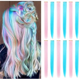 XIRRWWH 12 Pieces 21 Inch Blue Pink Hair Extensions Clip in Blue Pink Hairpieces Heat Resistant Straight Multicoloured Hair Accessories Festive Dress (Light Pink Light Blue)