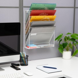 Mind Reader 5-Tier Vertical File Storage Desktop Organizer, Wall Mount, Office, Metal Mesh, 12.75" L x 4" W x 16" H, White