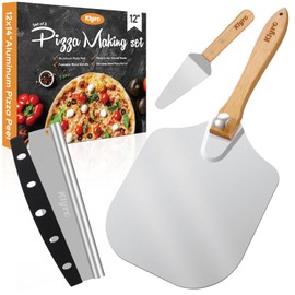 KLYRO KLYRO Pizza Peel Aluminum Pizza Spatula Set, 12 x 14 Inch Metal Pizza Paddle with Foldable Wooden Handle, Pizza Rocker Cutter, Pizza Server, Pizza Oven Accessories for Baking Homemade Pizza Bread