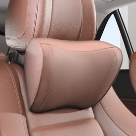 Dapucarin Car Headrest Pillow Memory Foam Breathable Removable Leather Cover Premium Seat Support Head Neck Cushion for Driving Traveling Home Office, Brown, 1 Pack